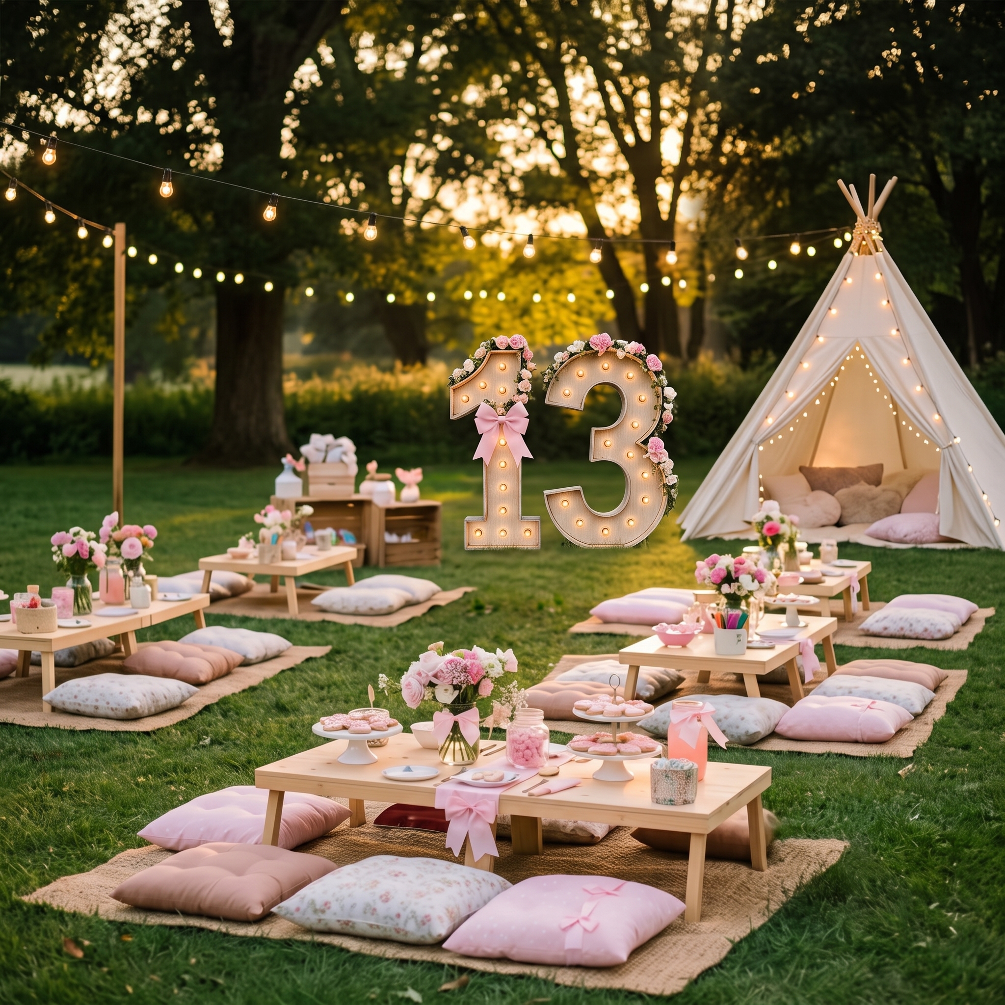 Outdoor 13th birthday picnic with string lights, a floral marquee number thirteen, and a teepee lounge