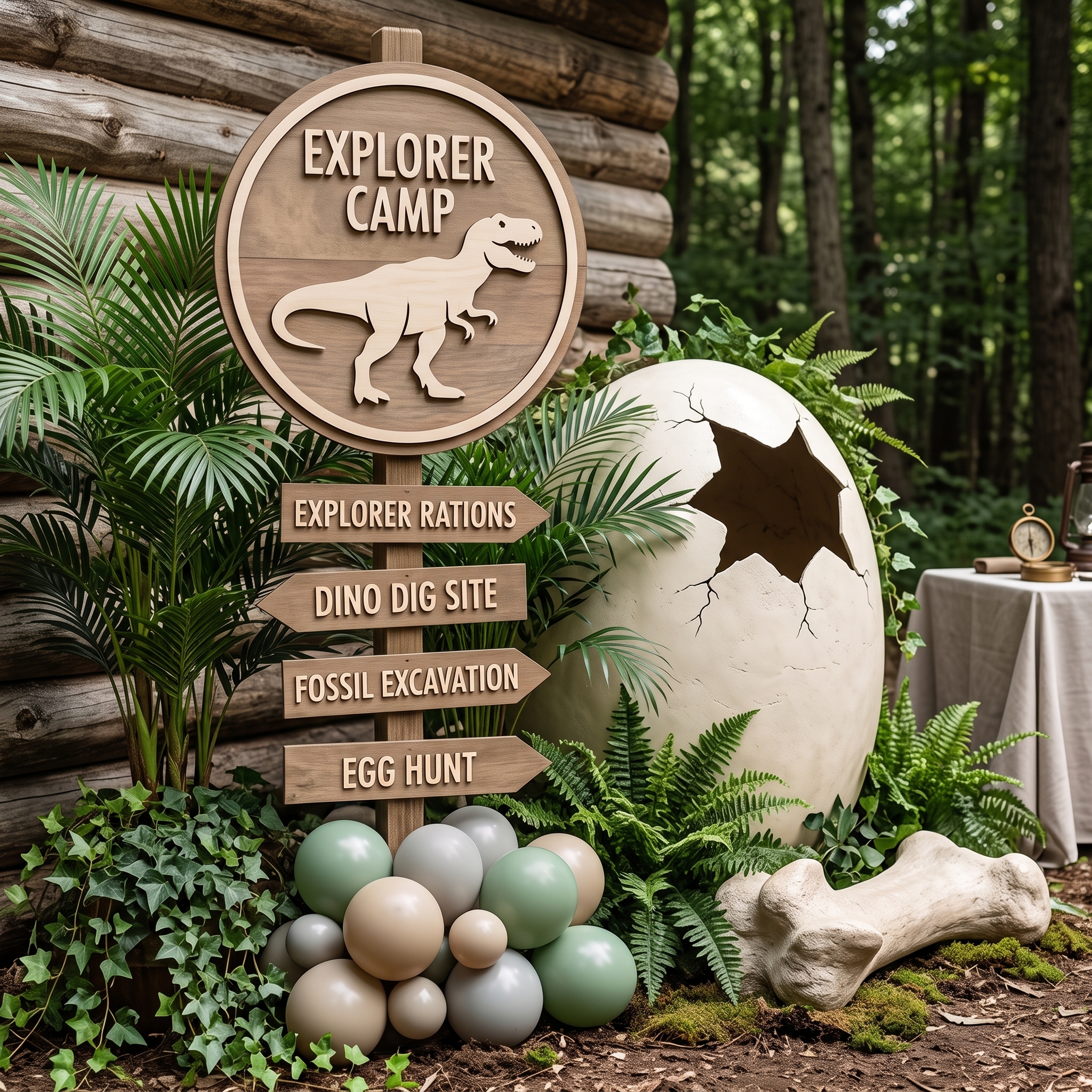 Dino Explorer Camp birthday styling with a wooden signpost and a cracked dinosaur egg among greenery